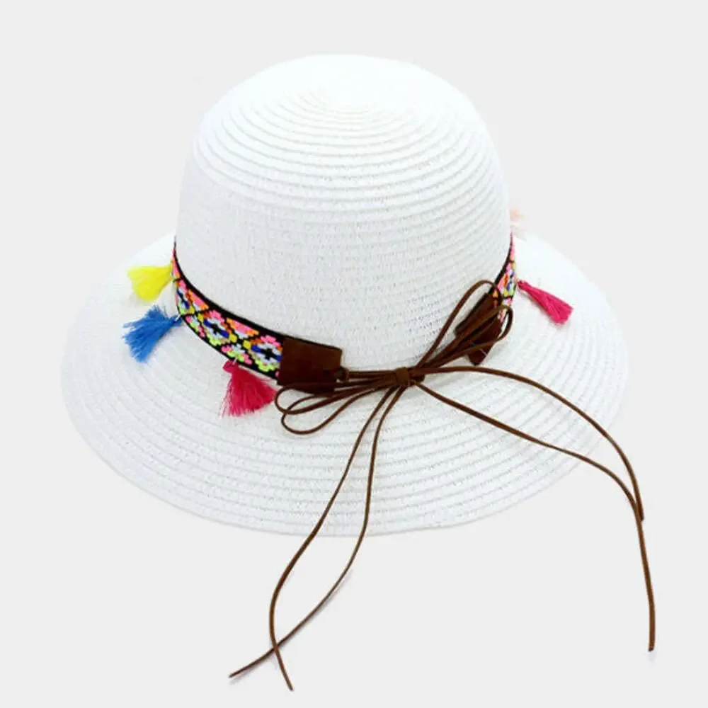 Summer Sun Hat w/ Short Brim and Tassels - White